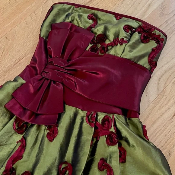 Vintage Jessica McClintock Strapless Olive & Burgundy Party Dress, size 2 - Picture 8 of 13